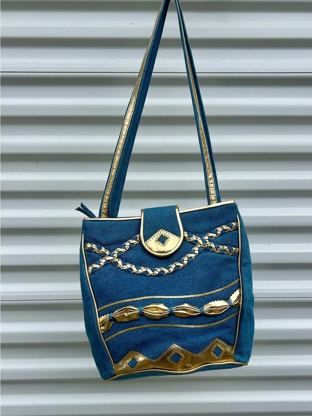VTG 1980s Warren Reed Denim & Gold Retro Handbag Shoulder Bag